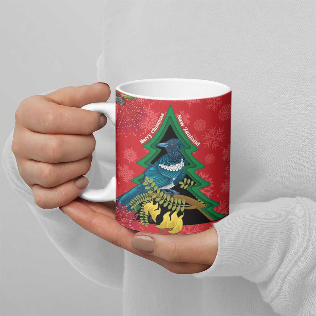 New Zealand Christmas In July Ceramic Mug Kowhai Tui Bird With Pohutukawa - Red LT14 - Polynesian Pride
