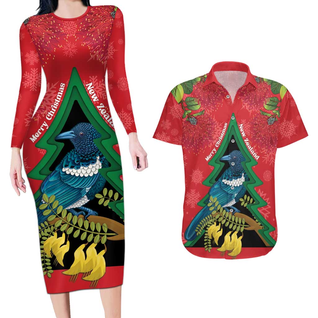 New Zealand Christmas In July Couples Matching Long Sleeve Bodycon Dress and Hawaiian Shirt Kowhai Tui Bird With Pohutukawa - Red LT14 Red - Polynesian Pride