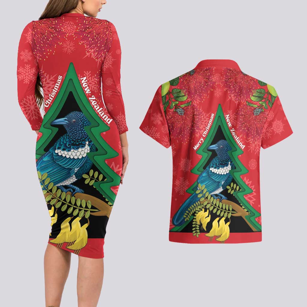 New Zealand Christmas In July Couples Matching Long Sleeve Bodycon Dress and Hawaiian Shirt Kowhai Tui Bird With Pohutukawa - Red LT14 - Polynesian Pride