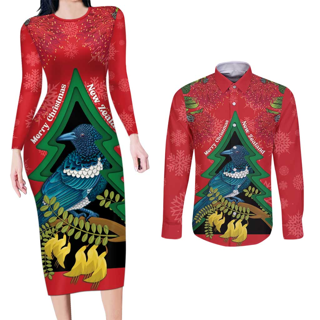 New Zealand Christmas In July Couples Matching Long Sleeve Bodycon Dress and Long Sleeve Button Shirt Kowhai Tui Bird With Pohutukawa - Red LT14 Red - Polynesian Pride