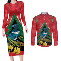 New Zealand Christmas In July Couples Matching Long Sleeve Bodycon Dress and Long Sleeve Button Shirt Kowhai Tui Bird With Pohutukawa - Red LT14 Red - Polynesian Pride