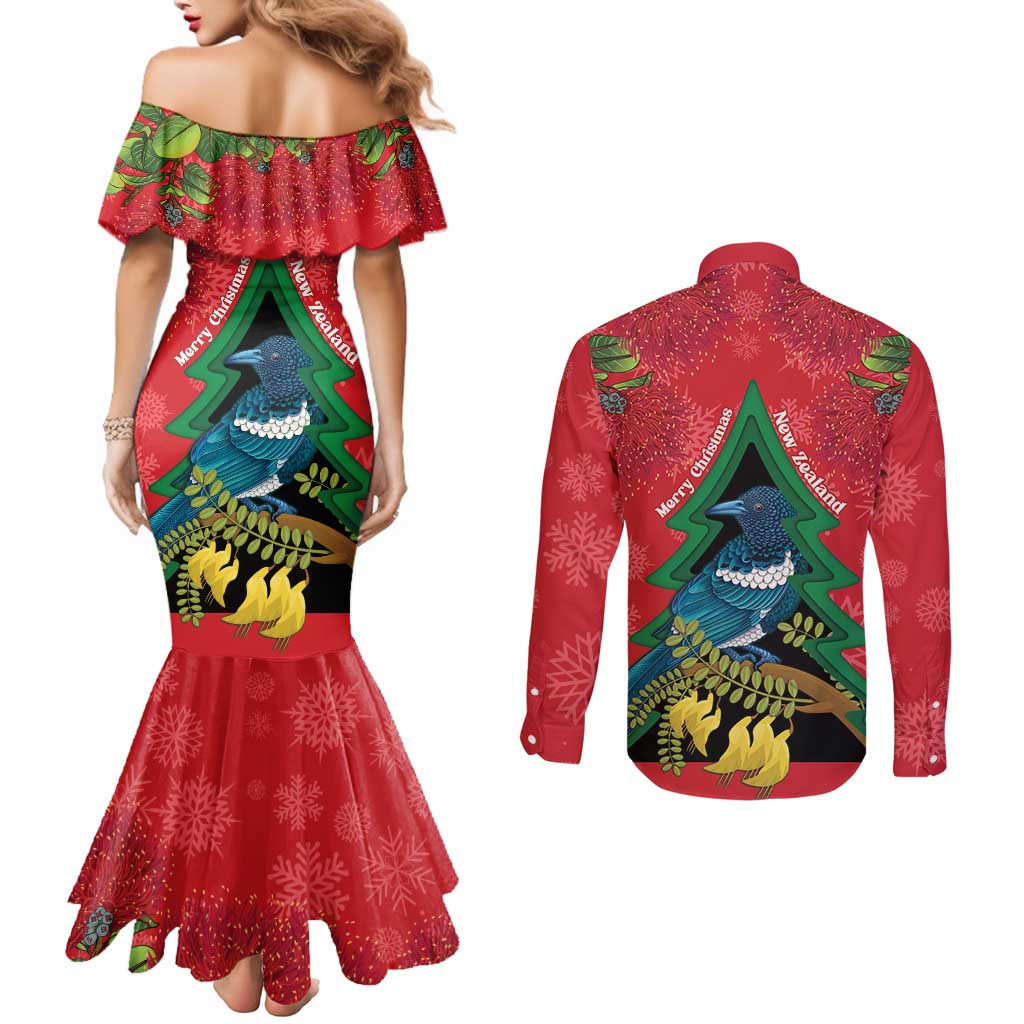 New Zealand Christmas In July Couples Matching Mermaid Dress and Long Sleeve Button Shirt Kowhai Tui Bird With Pohutukawa - Red LT14 - Polynesian Pride