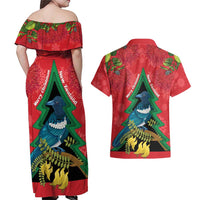 New Zealand Christmas In July Couples Matching Off Shoulder Maxi Dress and Hawaiian Shirt Kowhai Tui Bird With Pohutukawa - Red LT14 - Polynesian Pride
