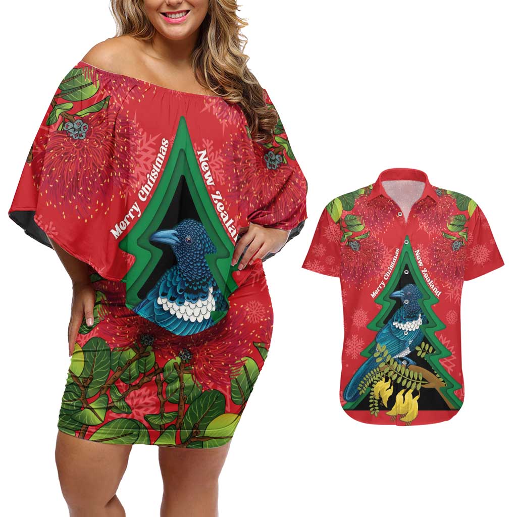 New Zealand Christmas In July Couples Matching Off Shoulder Short Dress and Hawaiian Shirt Kowhai Tui Bird With Pohutukawa - Red LT14 Red - Polynesian Pride