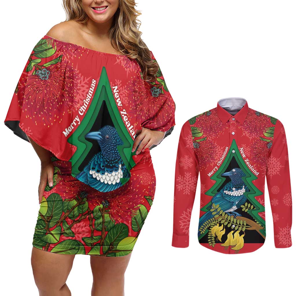 New Zealand Christmas In July Couples Matching Off Shoulder Short Dress and Long Sleeve Button Shirt Kowhai Tui Bird With Pohutukawa - Red LT14 Red - Polynesian Pride