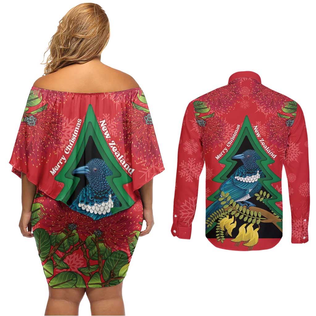 New Zealand Christmas In July Couples Matching Off Shoulder Short Dress and Long Sleeve Button Shirt Kowhai Tui Bird With Pohutukawa - Red LT14 - Polynesian Pride