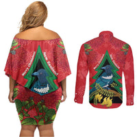 New Zealand Christmas In July Couples Matching Off Shoulder Short Dress and Long Sleeve Button Shirt Kowhai Tui Bird With Pohutukawa - Red LT14 - Polynesian Pride