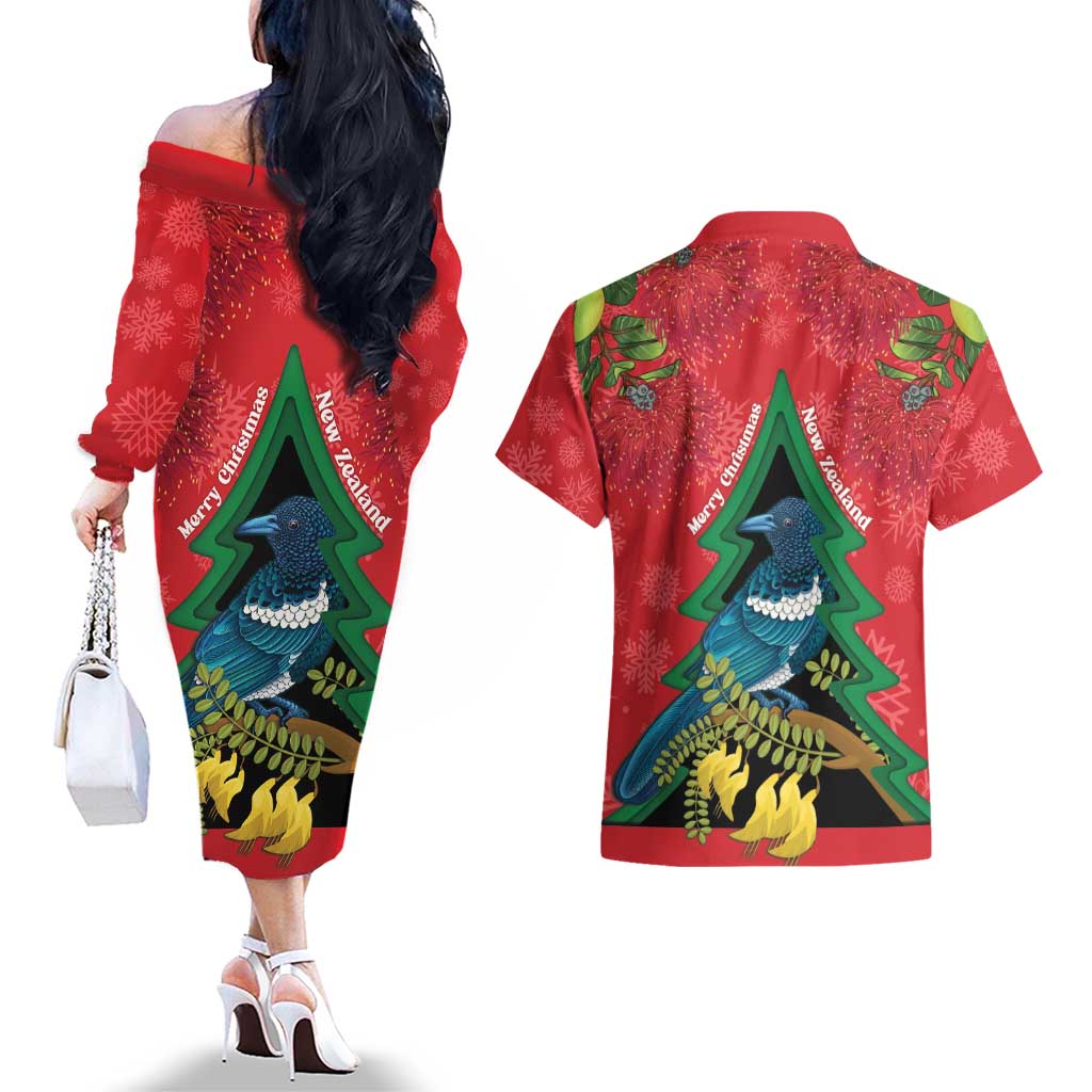 New Zealand Christmas In July Couples Matching Off The Shoulder Long Sleeve Dress and Hawaiian Shirt Kowhai Tui Bird With Pohutukawa - Red LT14 - Polynesian Pride
