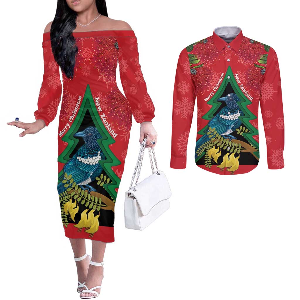 New Zealand Christmas In July Couples Matching Off The Shoulder Long Sleeve Dress and Long Sleeve Button Shirt Kowhai Tui Bird With Pohutukawa - Red LT14 Red - Polynesian Pride