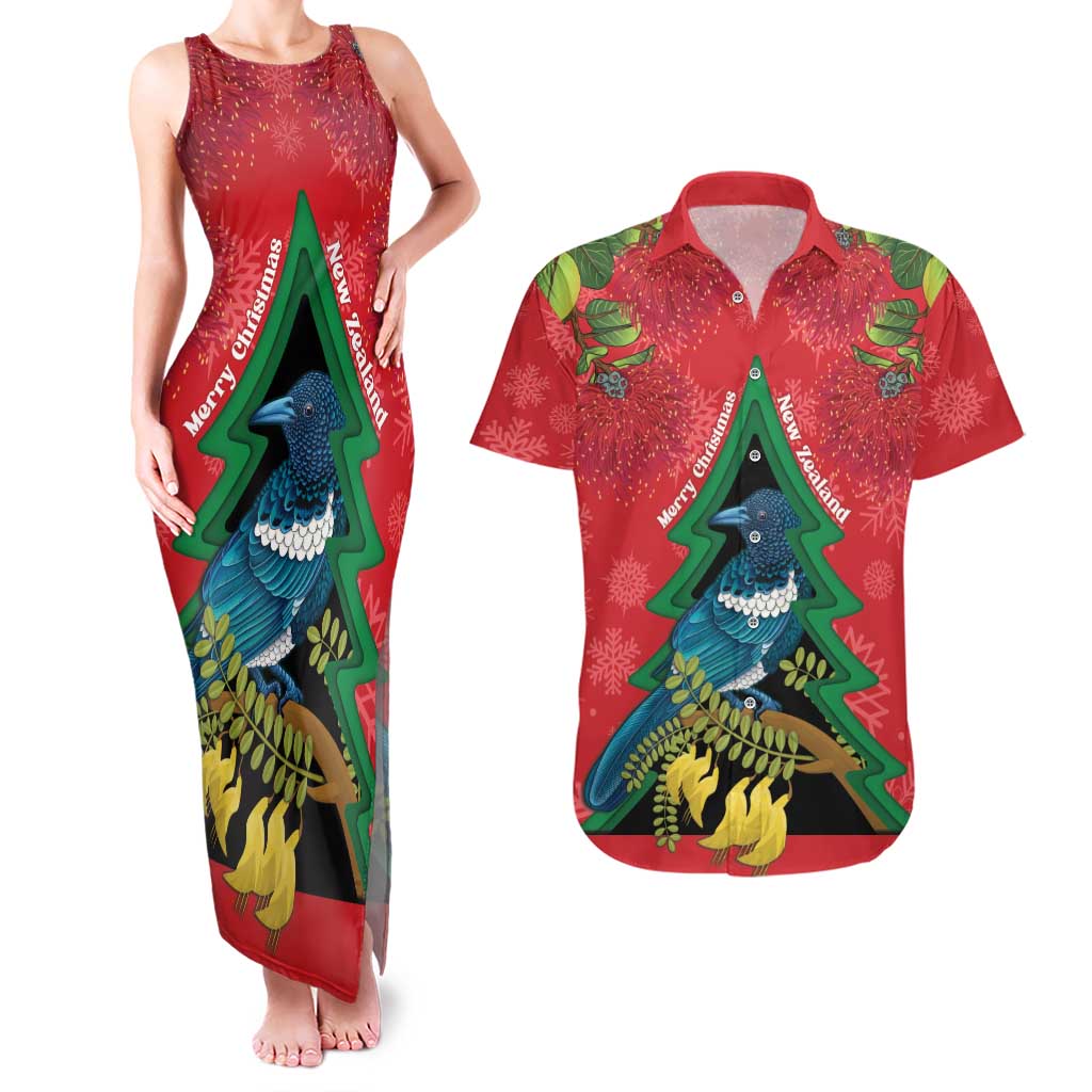 New Zealand Christmas In July Couples Matching Tank Maxi Dress and Hawaiian Shirt Kowhai Tui Bird With Pohutukawa - Red LT14 Red - Polynesian Pride