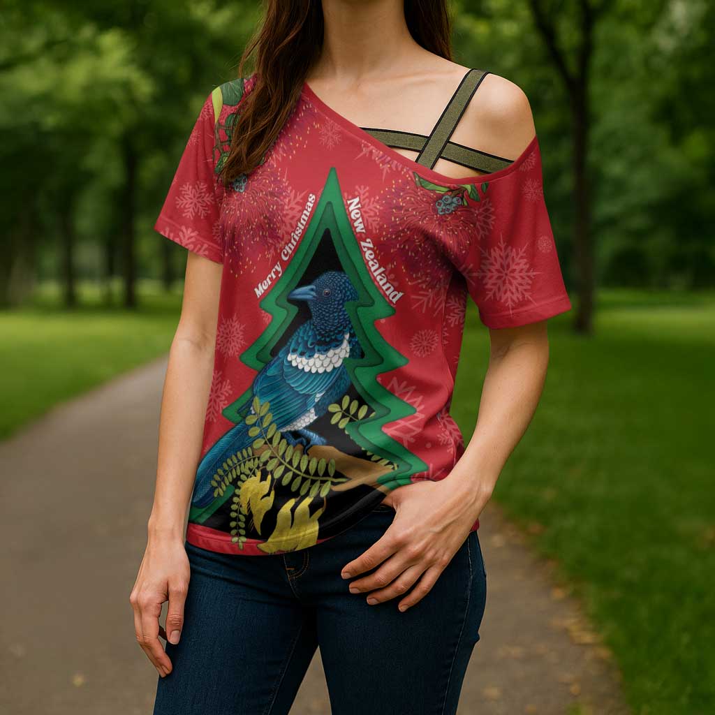 New Zealand Christmas In July Cross Shoulder Shirt Kowhai Tui Bird With Pohutukawa - Red LT14 - Polynesian Pride
