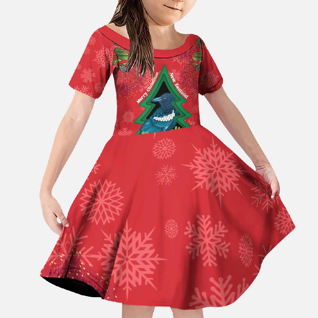 New Zealand Christmas In July Family Matching Mermaid Dress and Hawaiian Shirt Kowhai Tui Bird With Pohutukawa - Red LT14 Daughter's Dress Red - Polynesian Pride