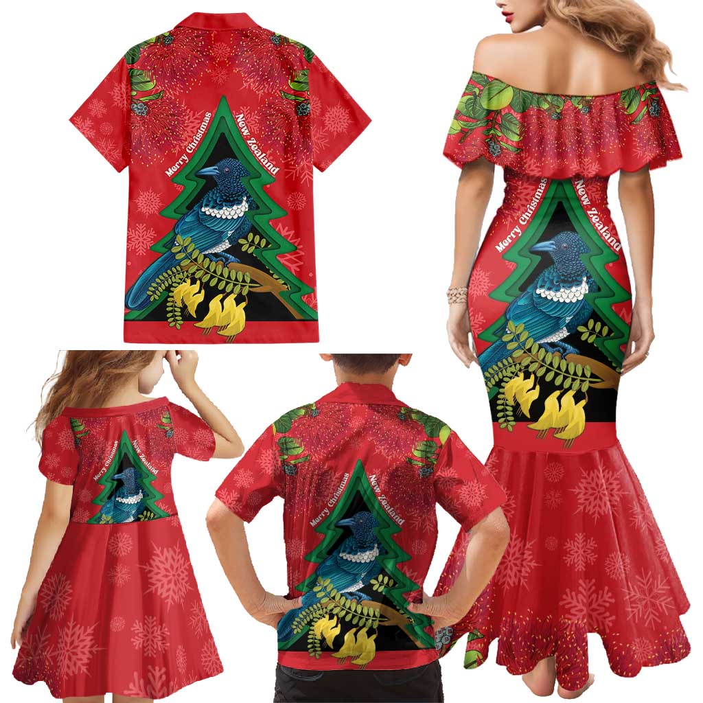 New Zealand Christmas In July Family Matching Mermaid Dress and Hawaiian Shirt Kowhai Tui Bird With Pohutukawa - Red LT14 - Polynesian Pride