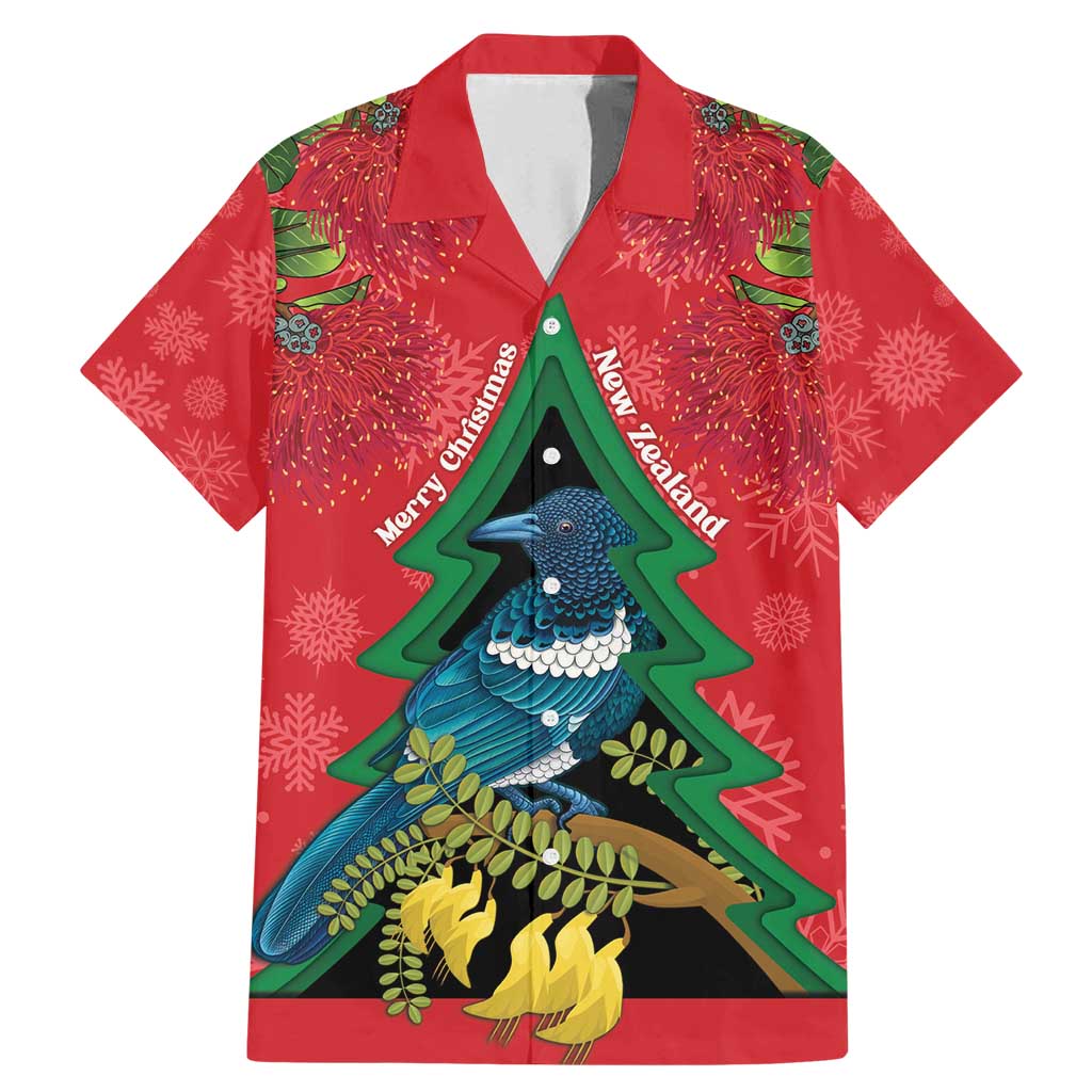 New Zealand Christmas In July Family Matching Mermaid Dress and Hawaiian Shirt Kowhai Tui Bird With Pohutukawa - Red LT14 Dad's Shirt - Short Sleeve Red - Polynesian Pride