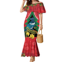 New Zealand Christmas In July Family Matching Mermaid Dress and Hawaiian Shirt Kowhai Tui Bird With Pohutukawa - Red LT14 Mom's Dress Red - Polynesian Pride