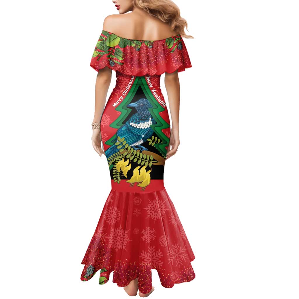 New Zealand Christmas In July Family Matching Mermaid Dress and Hawaiian Shirt Kowhai Tui Bird With Pohutukawa - Red LT14 - Polynesian Pride