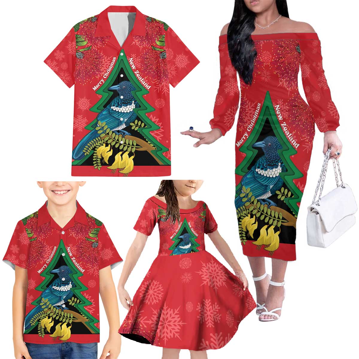 New Zealand Christmas In July Family Matching Off The Shoulder Long Sleeve Dress and Hawaiian Shirt Kowhai Tui Bird With Pohutukawa - Red LT14 - Polynesian Pride