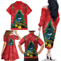 New Zealand Christmas In July Family Matching Off The Shoulder Long Sleeve Dress and Hawaiian Shirt Kowhai Tui Bird With Pohutukawa - Red LT14 - Polynesian Pride