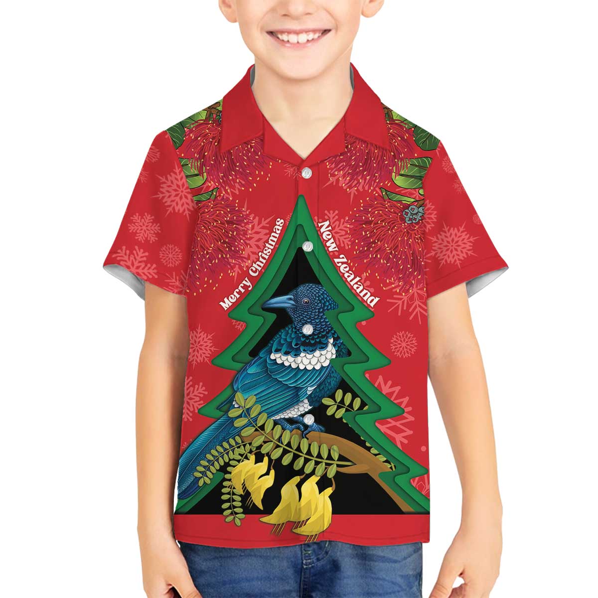 New Zealand Christmas In July Family Matching Off The Shoulder Long Sleeve Dress and Hawaiian Shirt Kowhai Tui Bird With Pohutukawa - Red LT14 Son's Shirt Red - Polynesian Pride
