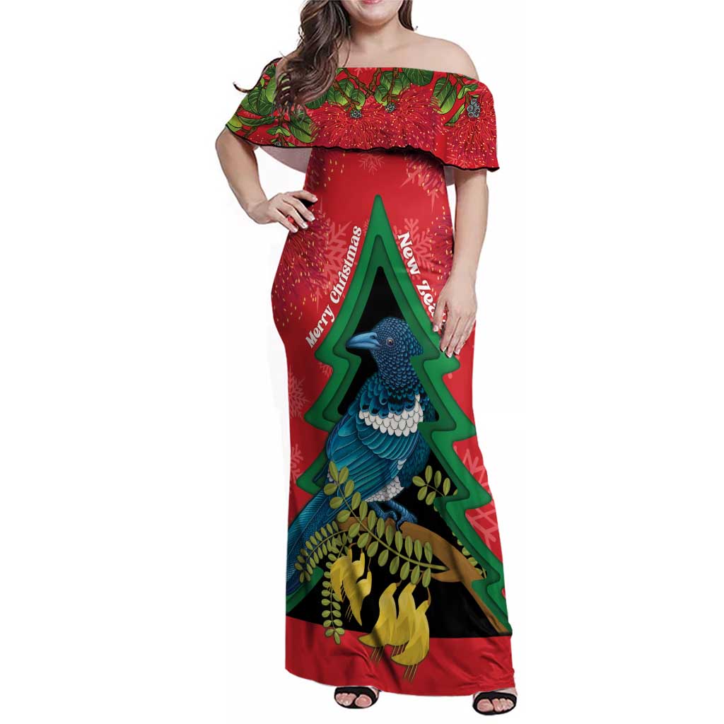 New Zealand Christmas In July Family Matching Off Shoulder Maxi Dress and Hawaiian Shirt Kowhai Tui Bird With Pohutukawa - Red LT14 Mom's Dress Red - Polynesian Pride