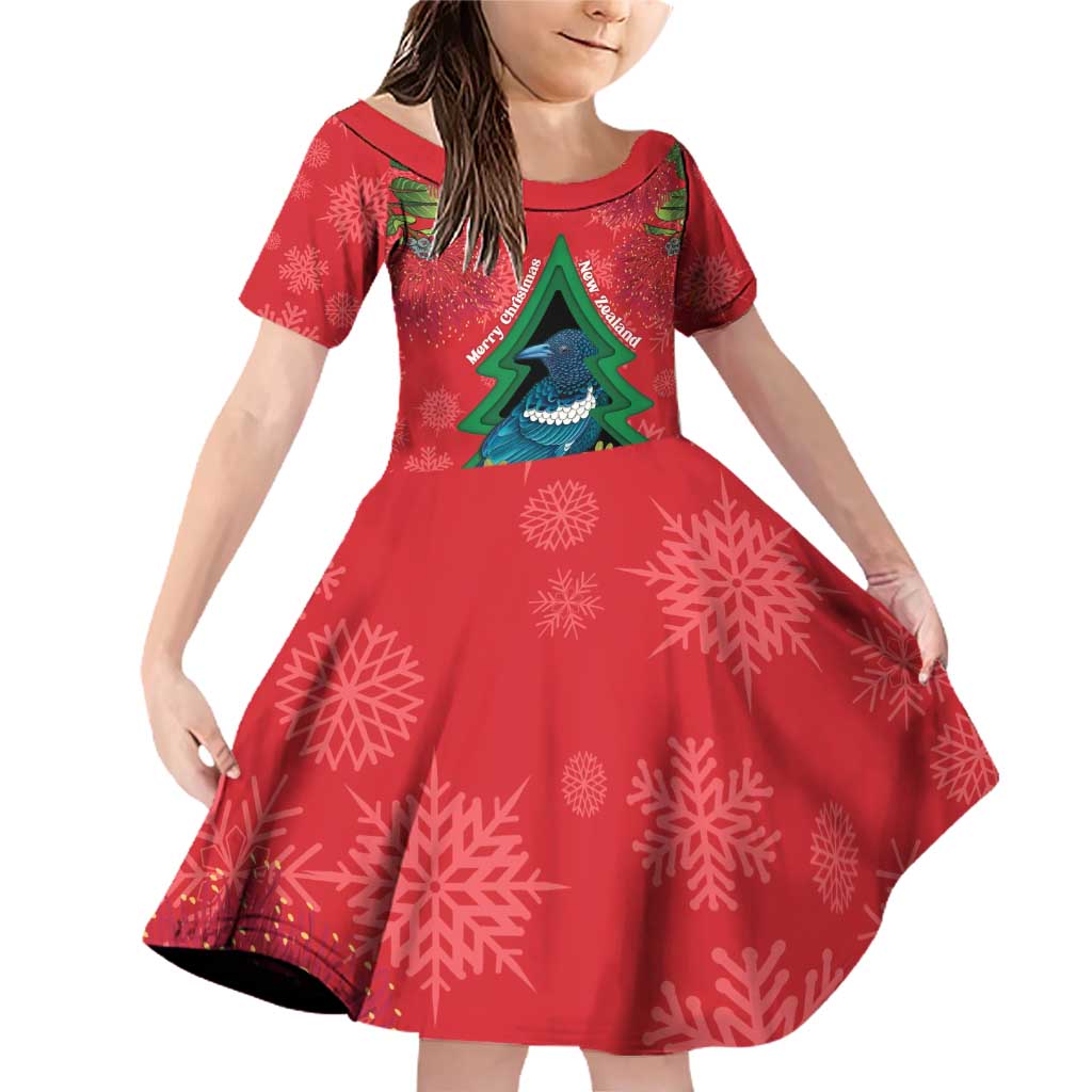 New Zealand Christmas In July Family Matching Off Shoulder Short Dress and Hawaiian Shirt Kowhai Tui Bird With Pohutukawa - Red LT14 Daughter's Dress Red - Polynesian Pride