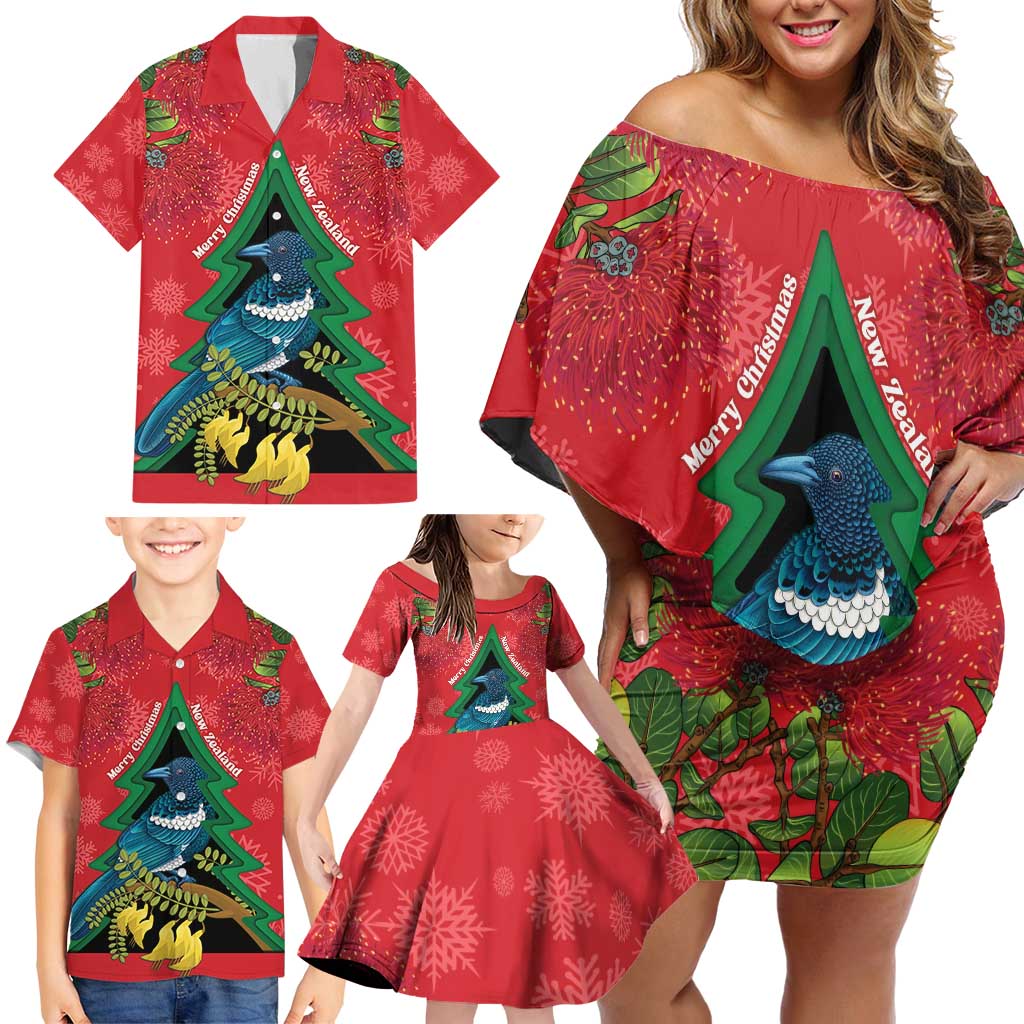 New Zealand Christmas In July Family Matching Off Shoulder Short Dress and Hawaiian Shirt Kowhai Tui Bird With Pohutukawa - Red LT14 - Polynesian Pride