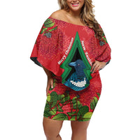 New Zealand Christmas In July Family Matching Off Shoulder Short Dress and Hawaiian Shirt Kowhai Tui Bird With Pohutukawa - Red LT14 Mom's Dress Red - Polynesian Pride