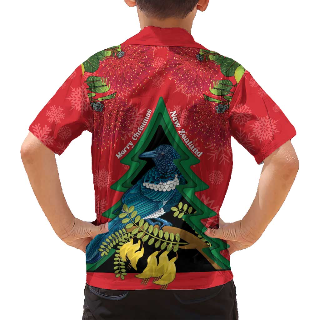 New Zealand Christmas In July Family Matching Short Sleeve Bodycon Dress and Hawaiian Shirt Kowhai Tui Bird With Pohutukawa - Red LT14 - Polynesian Pride