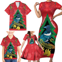 New Zealand Christmas In July Family Matching Short Sleeve Bodycon Dress and Hawaiian Shirt Kowhai Tui Bird With Pohutukawa - Red LT14 - Polynesian Pride