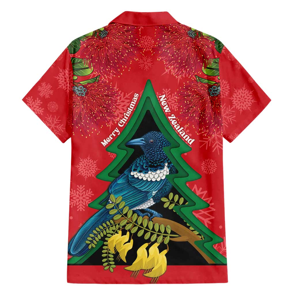 New Zealand Christmas In July Family Matching Short Sleeve Bodycon Dress and Hawaiian Shirt Kowhai Tui Bird With Pohutukawa - Red LT14 - Polynesian Pride