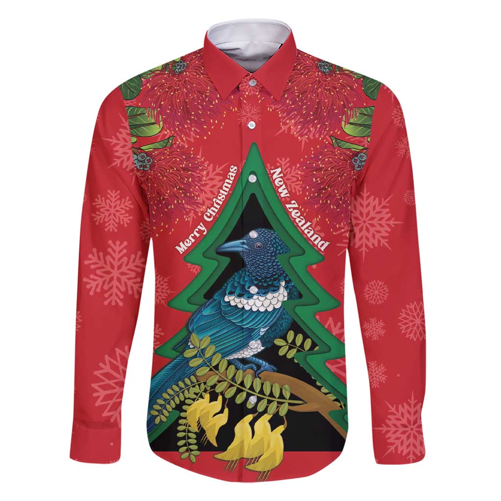 New Zealand Christmas In July Family Matching Short Sleeve Bodycon Dress and Hawaiian Shirt Kowhai Tui Bird With Pohutukawa - Red LT14 Dad's Shirt - Long Sleeve Red - Polynesian Pride