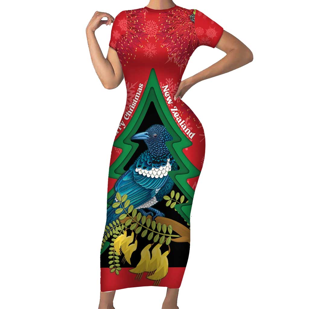New Zealand Christmas In July Family Matching Short Sleeve Bodycon Dress and Hawaiian Shirt Kowhai Tui Bird With Pohutukawa - Red LT14 Mom's Dress Red - Polynesian Pride