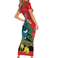 New Zealand Christmas In July Family Matching Short Sleeve Bodycon Dress and Hawaiian Shirt Kowhai Tui Bird With Pohutukawa - Red LT14 - Polynesian Pride