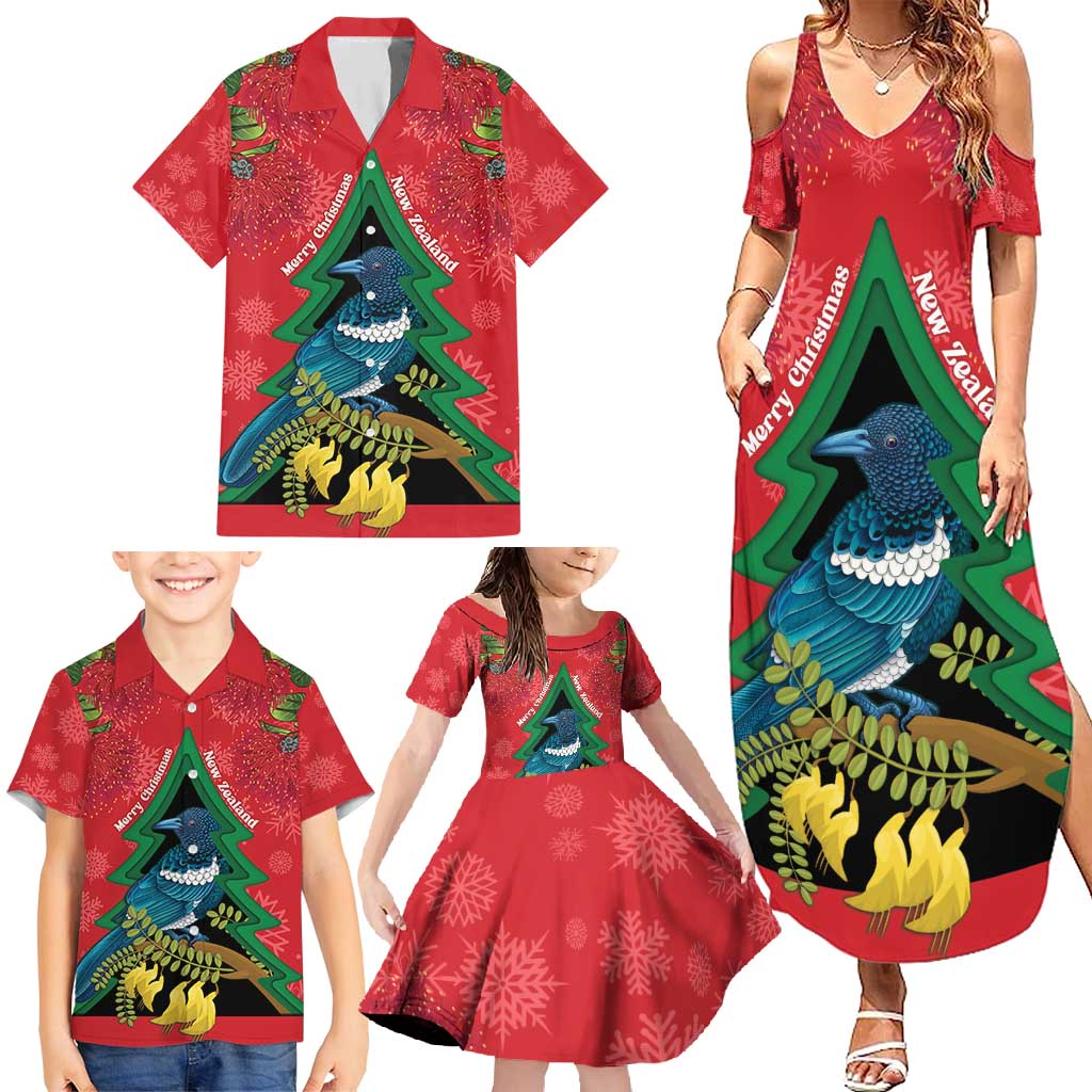 New Zealand Christmas In July Family Matching Summer Maxi Dress and Hawaiian Shirt Kowhai Tui Bird With Pohutukawa - Red LT14 - Polynesian Pride