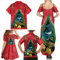 New Zealand Christmas In July Family Matching Summer Maxi Dress and Hawaiian Shirt Kowhai Tui Bird With Pohutukawa - Red LT14 - Polynesian Pride