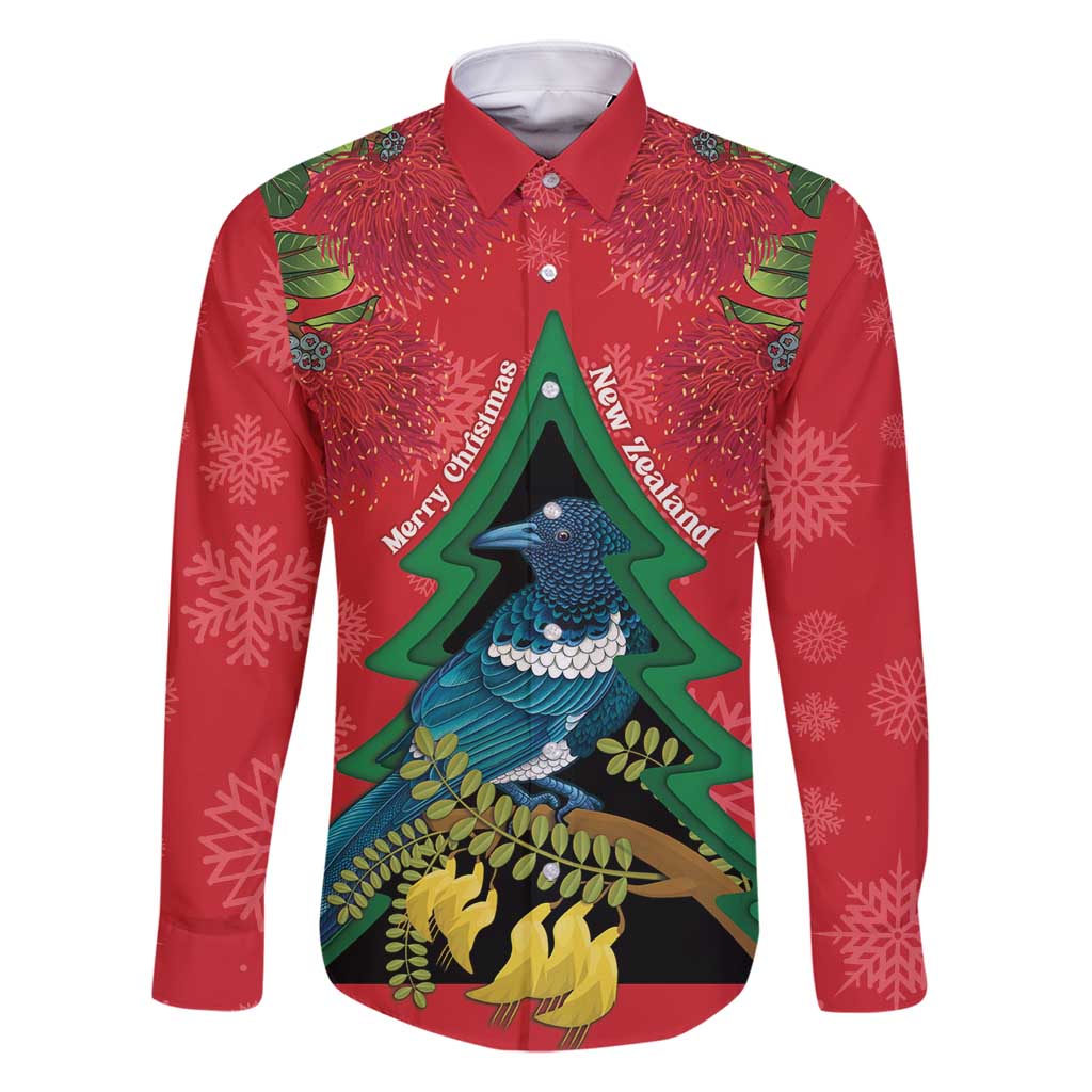 New Zealand Christmas In July Family Matching Summer Maxi Dress and Hawaiian Shirt Kowhai Tui Bird With Pohutukawa - Red LT14 Dad's Shirt - Long Sleeve Red - Polynesian Pride