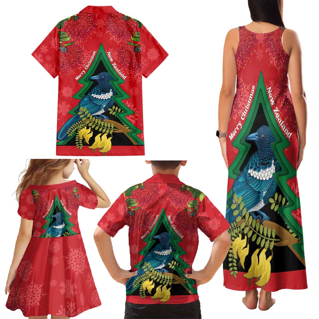 New Zealand Christmas In July Family Matching Tank Maxi Dress and Hawaiian Shirt Kowhai Tui Bird With Pohutukawa - Red LT14 - Polynesian Pride