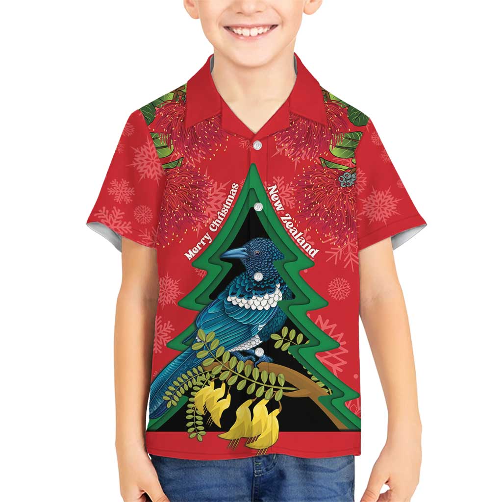New Zealand Christmas In July Family Matching Tank Maxi Dress and Hawaiian Shirt Kowhai Tui Bird With Pohutukawa - Red LT14 Son's Shirt Red - Polynesian Pride