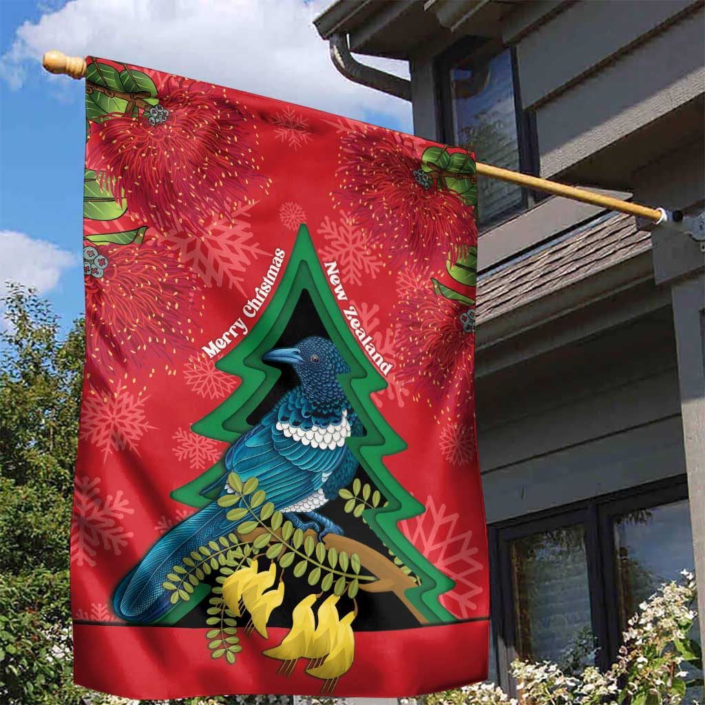 New Zealand Christmas In July Garden Flag Kowhai Tui Bird With Pohutukawa - Red LT14 - Polynesian Pride