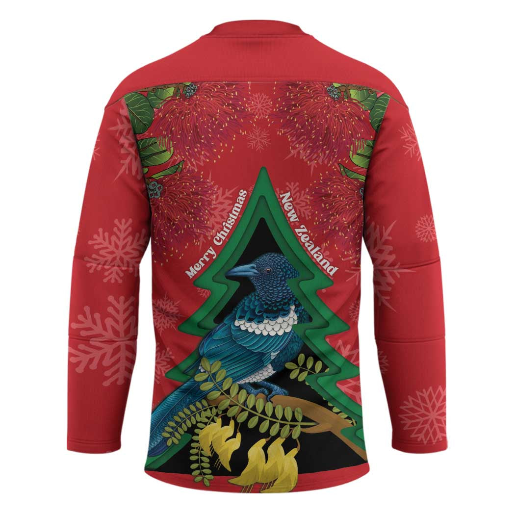 New Zealand Christmas In July Hockey Jersey Kowhai Tui Bird With Pohutukawa - Red LT14 - Polynesian Pride