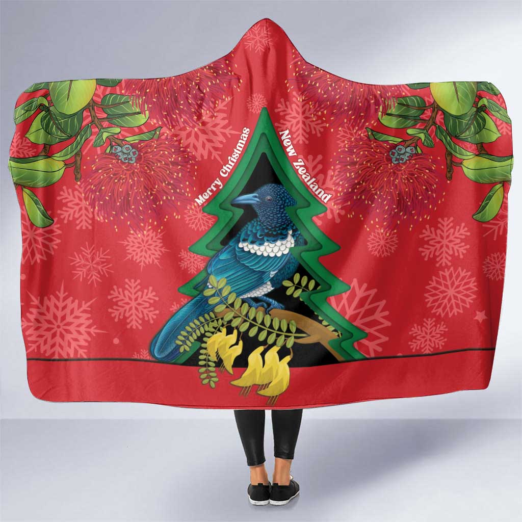 New Zealand Christmas In July Hooded Blanket Kowhai Tui Bird With Pohutukawa - Red LT14 One Size Red - Polynesian Pride