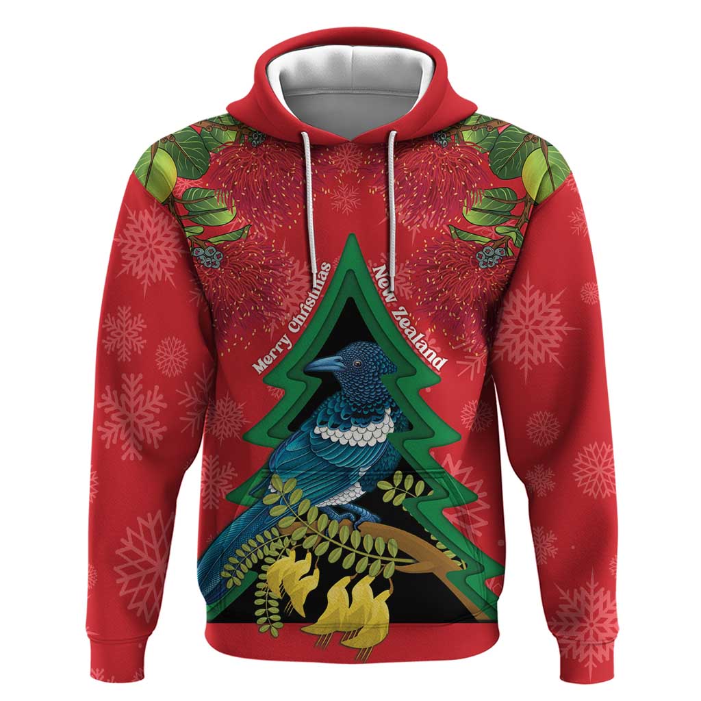 New Zealand Christmas In July Hoodie Kowhai Tui Bird With Pohutukawa - Red LT14 Pullover Hoodie Red - Polynesian Pride