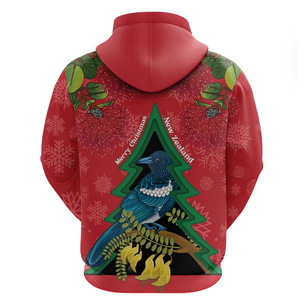 New Zealand Christmas In July Hoodie Kowhai Tui Bird With Pohutukawa - Red LT14 - Polynesian Pride