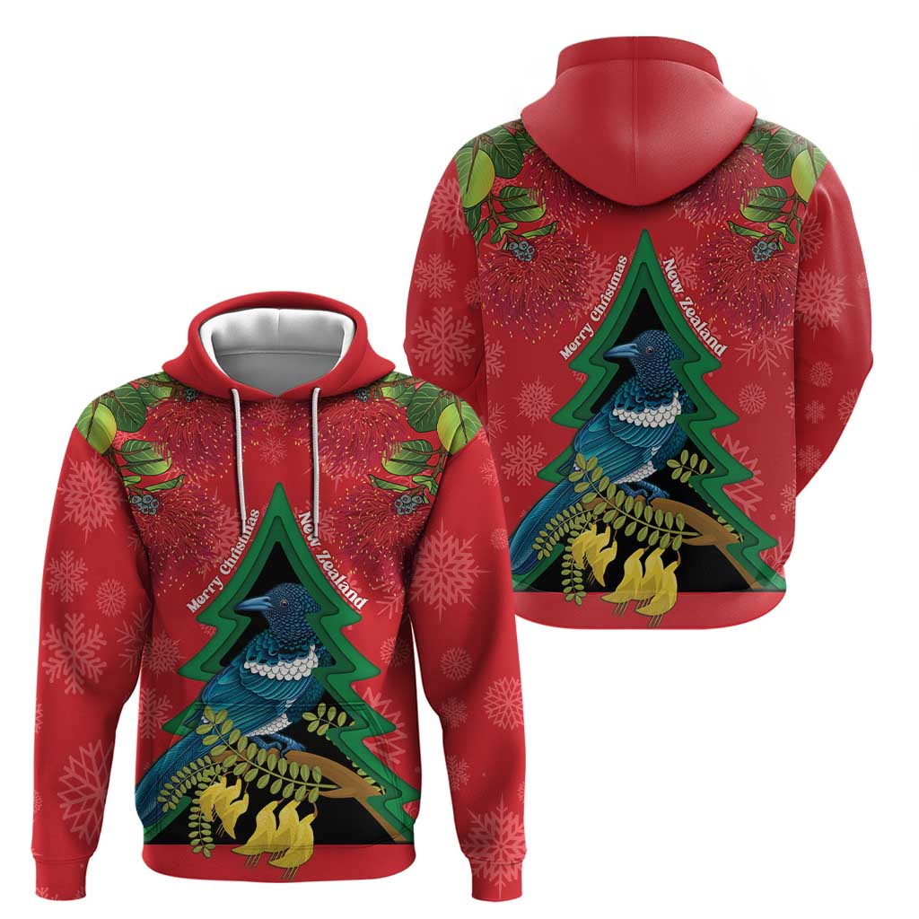 New Zealand Christmas In July Hoodie Kowhai Tui Bird With Pohutukawa - Red LT14 - Polynesian Pride