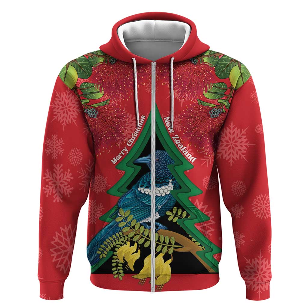 New Zealand Christmas In July Hoodie Kowhai Tui Bird With Pohutukawa - Red LT14 Zip Hoodie Red - Polynesian Pride