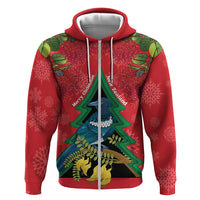 New Zealand Christmas In July Hoodie Kowhai Tui Bird With Pohutukawa - Red LT14 Zip Hoodie Red - Polynesian Pride