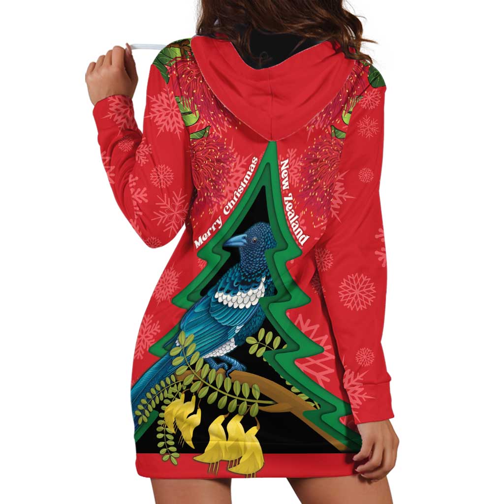 New Zealand Christmas In July Hoodie Dress Kowhai Tui Bird With Pohutukawa - Red LT14 - Polynesian Pride