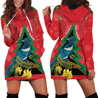 New Zealand Christmas In July Hoodie Dress Kowhai Tui Bird With Pohutukawa - Red LT14 - Polynesian Pride
