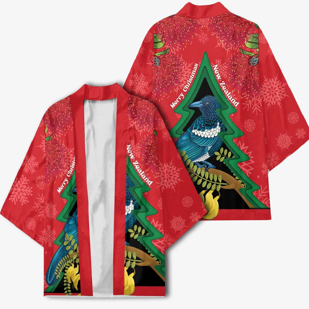 New Zealand Christmas In July Kimono Kowhai Tui Bird With Pohutukawa - Red LT14 - Polynesian Pride