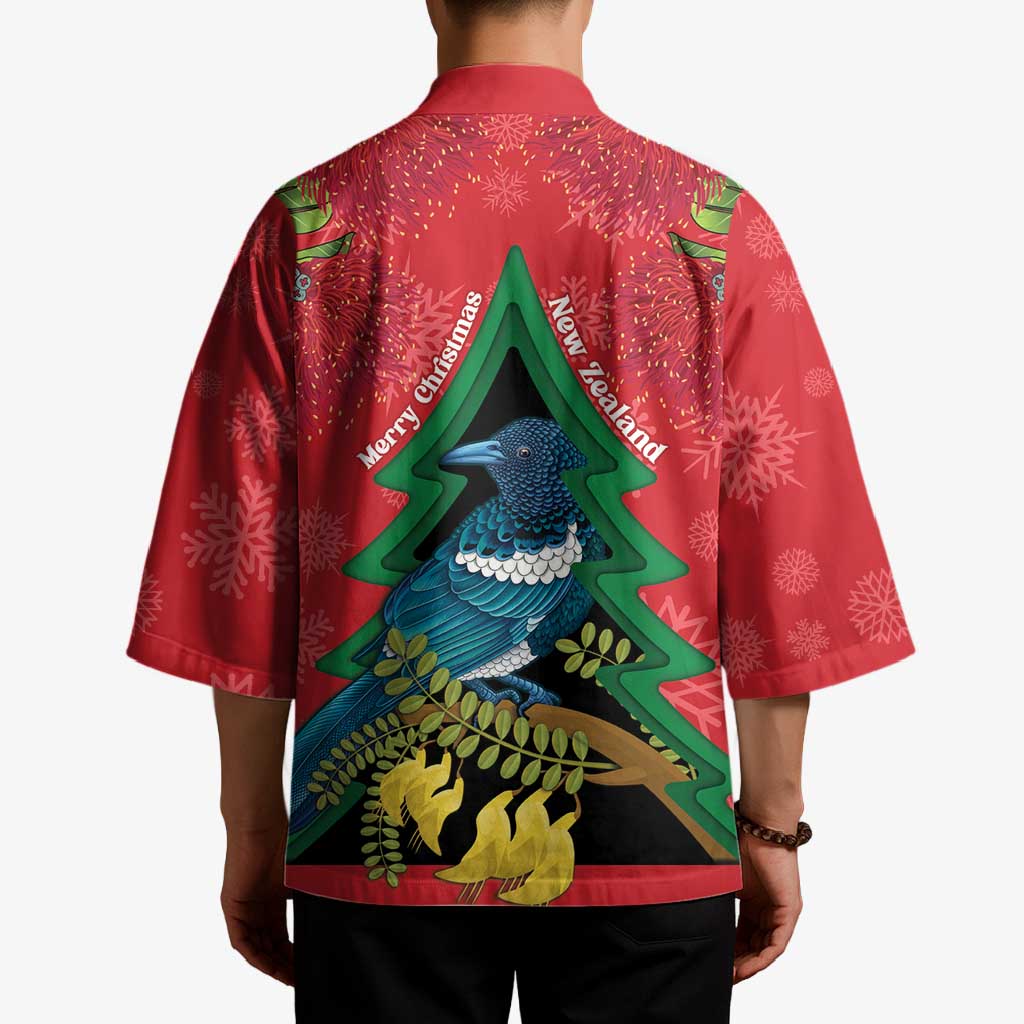New Zealand Christmas In July Kimono Kowhai Tui Bird With Pohutukawa - Red LT14 - Polynesian Pride